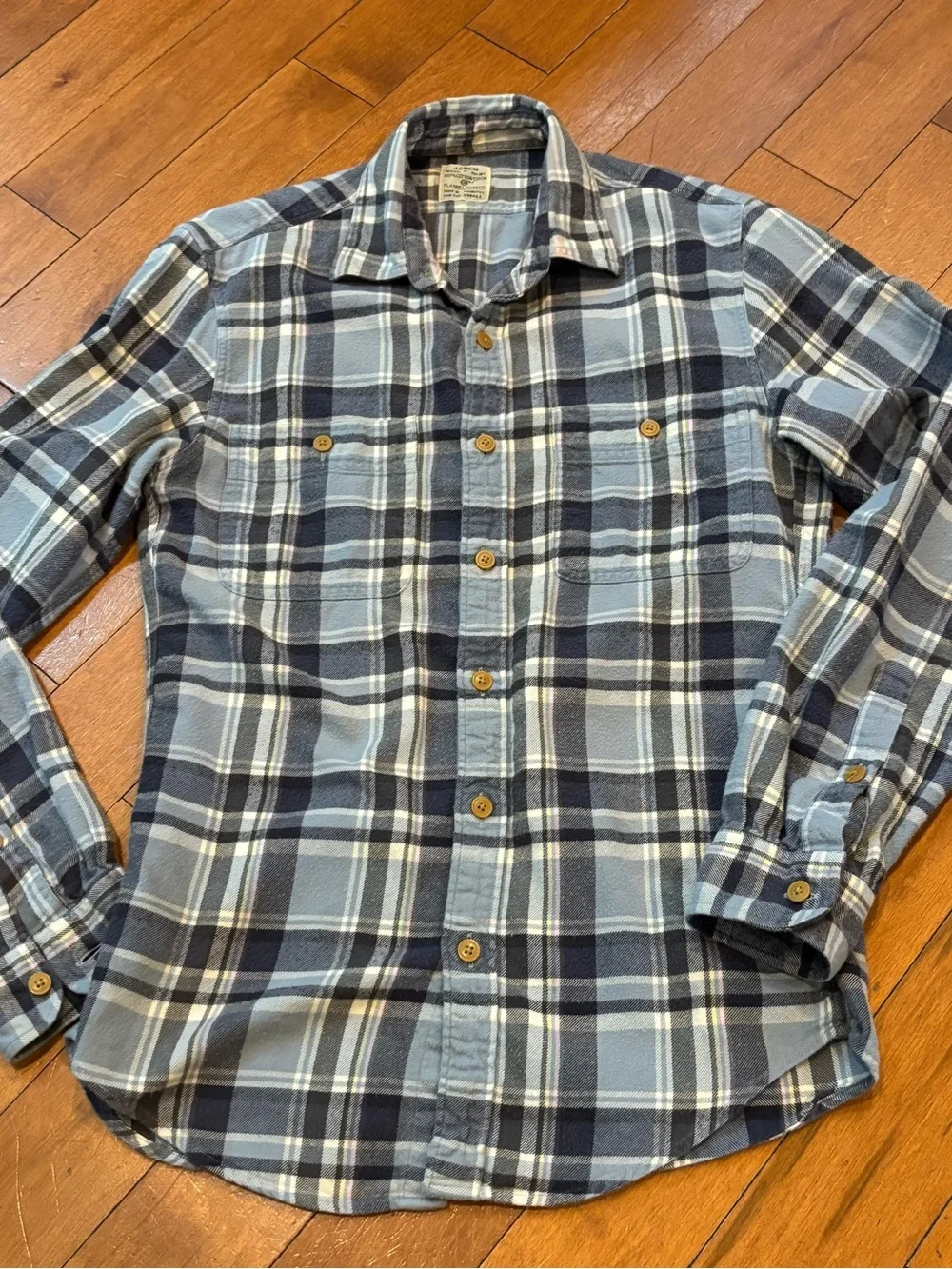 J. Crew Mens Small Flannel Blue Navy Plaid Cotton Button-Down Shirt Slim Fit